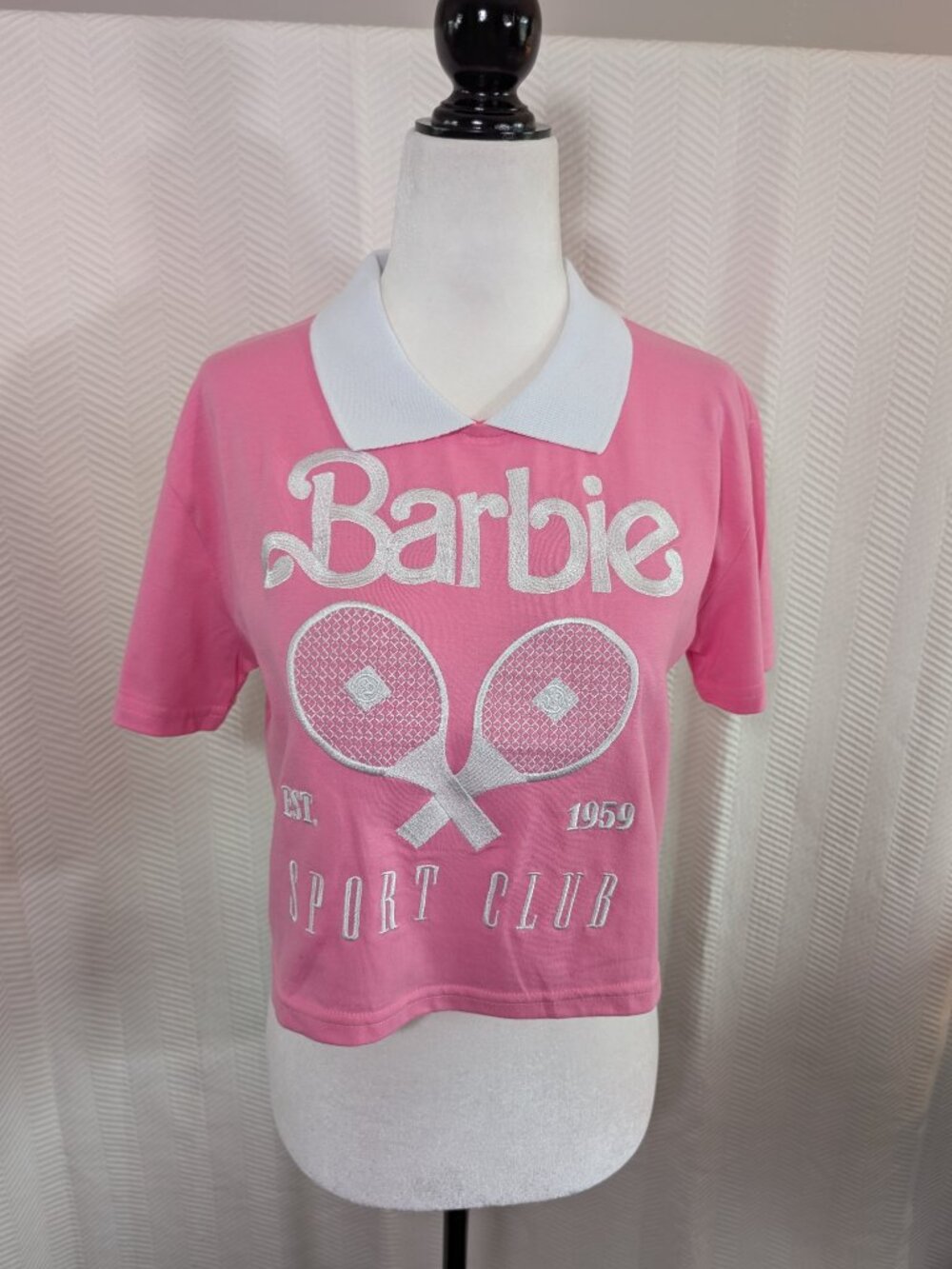 Barbie Cropped Polo T Shirt Collared Pink & White Sport Club Size Medium